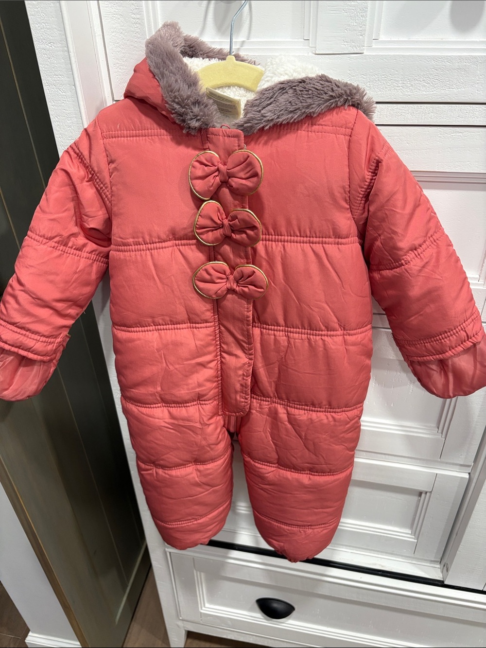 First Impressions Coral Puffer One-Piece Snowsuit with Faux-Fur Trim